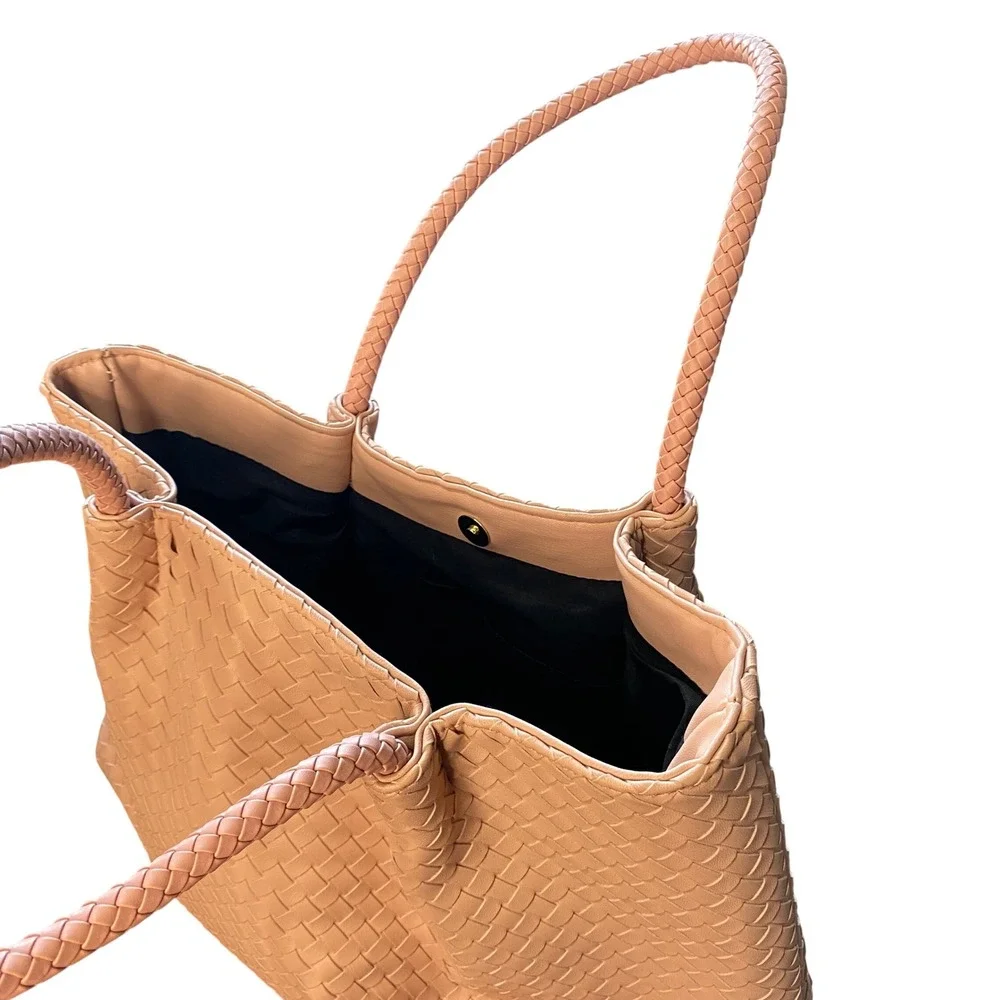 LuLu Dharma Woven Vegan Leather Tote Bag Blush Pink Braided Handle Shoulder‎ Bag